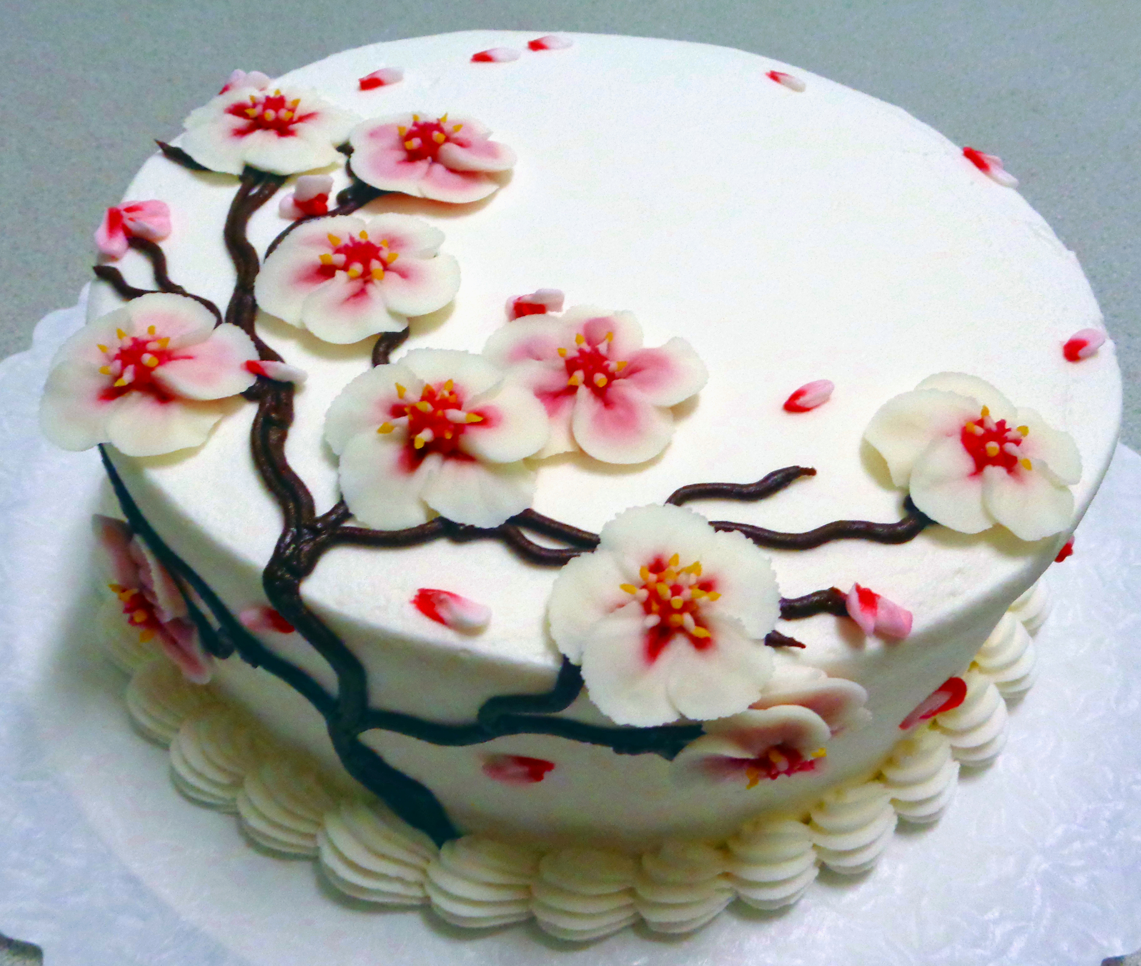 A white buttercream cake decorated with hand-piped red and pink cherry blossoms