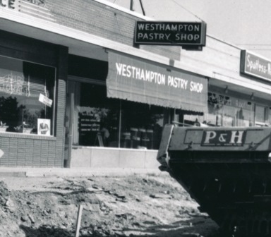 A vintage black-and-white photo of the Westhampton Pastry Shop storefront