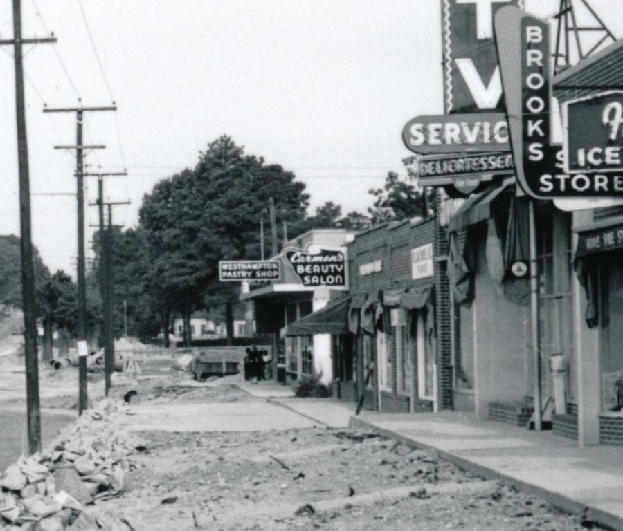 A vintage black-and-white photo of Patterson Avenue showing the original Westhampton Pastry Shop sign