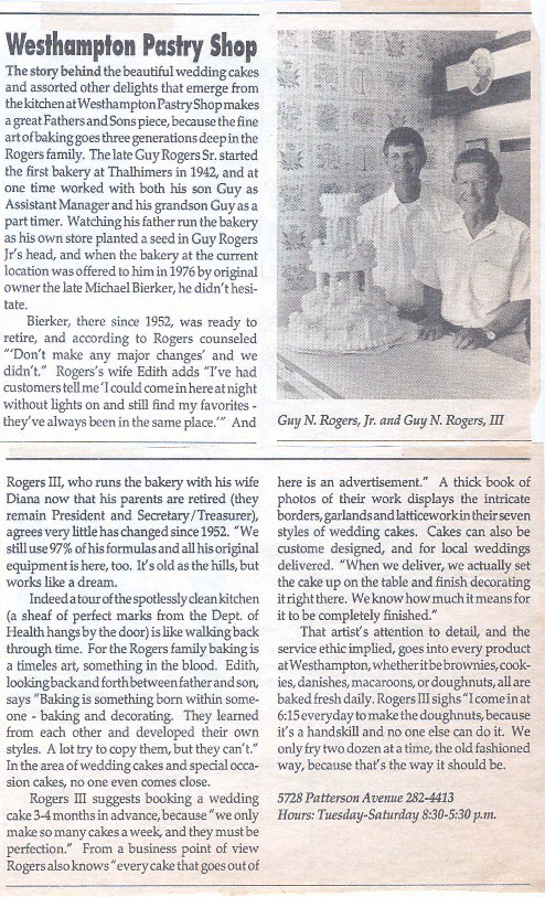 Newspaper feature about Westhampton Pastry Shop's wedding cakes